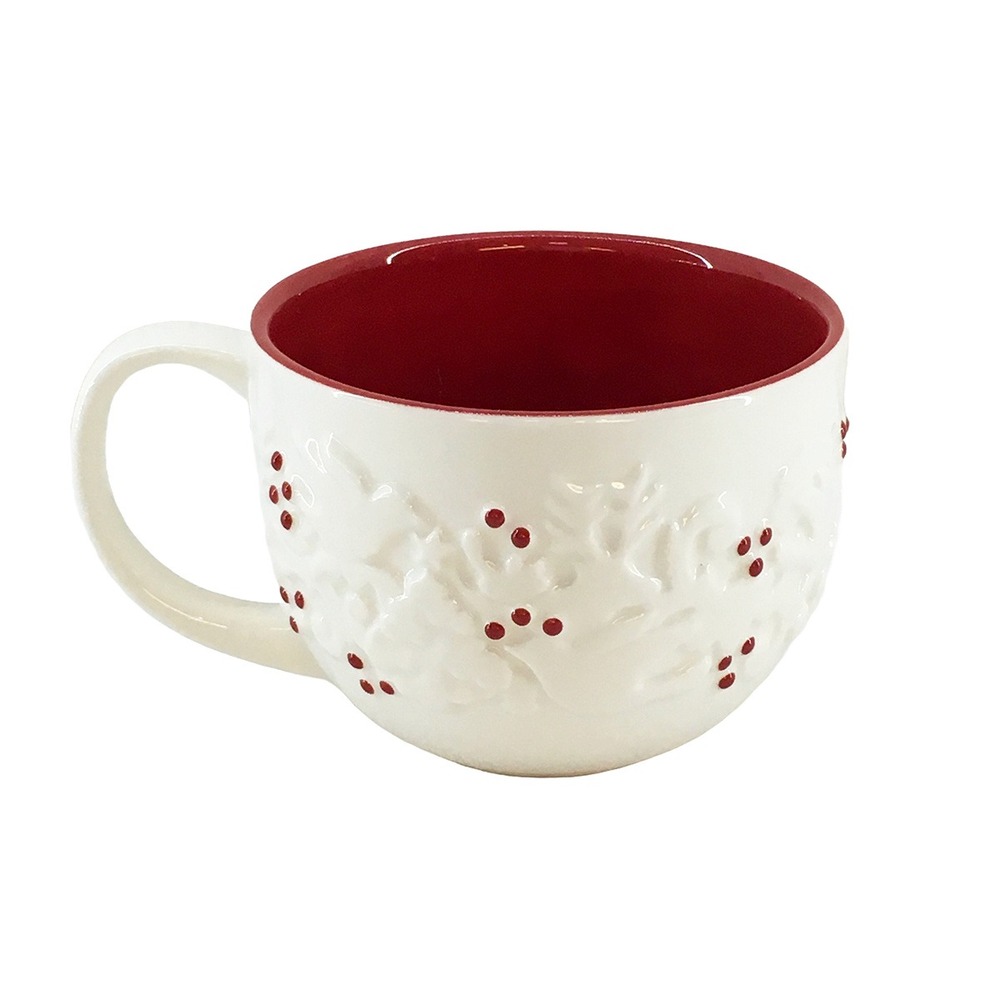 STARBUCKS 2008 Embossed Holiday Coffee Mug • 12oz • white, red